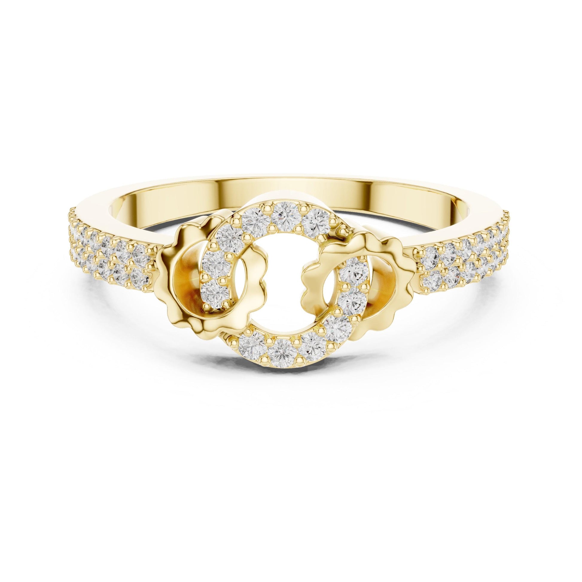 Riora infinity halo moissanite diamond ring with interlocking promise band, minimalist dainty wedding jewelry on a white background