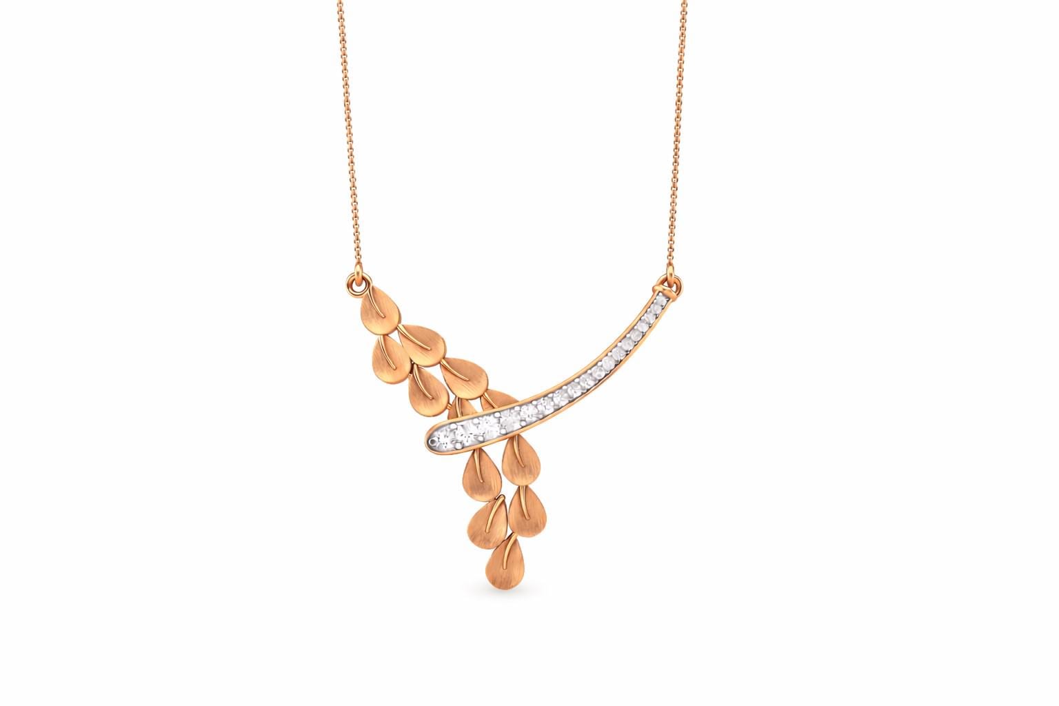 Riora Moissanite leaf drop necklace with dainty rose gold pendant, botanical jewelry for minimalist bridal or everyday wear.
