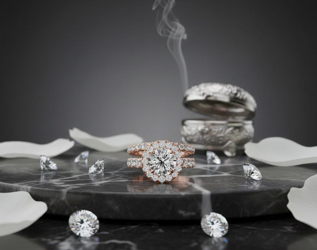 Halo CZ Engagement Ring Set | Bridal Promise Ring for Women