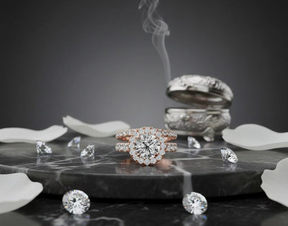 Halo CZ Engagement Ring Set | Bridal Promise Ring for Women
