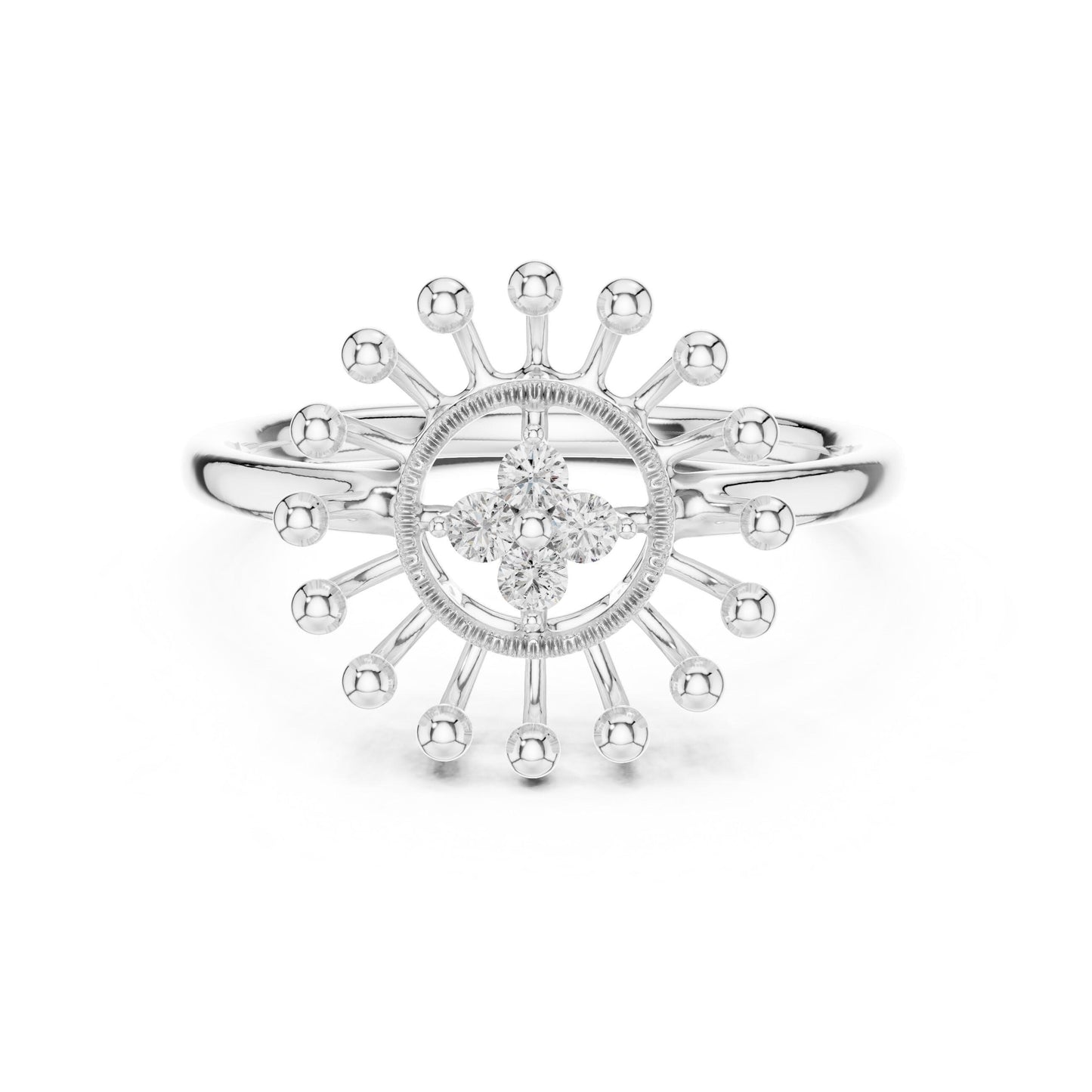 Riora Moissanite Sunburst Ring with celestial halo in rose gold, silver, vintage style, suitable for engagement or wedding.