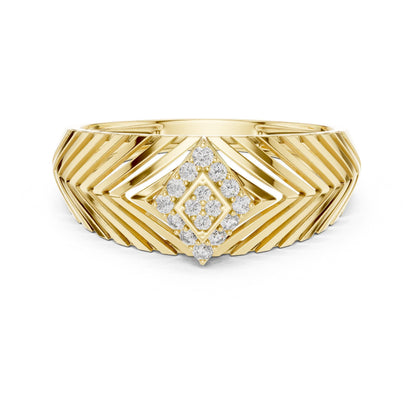 Gold rose geometric CZ chevron wide band ring by Riora, featuring hypoallergenic luxury design for anniversary or promise jewelry.