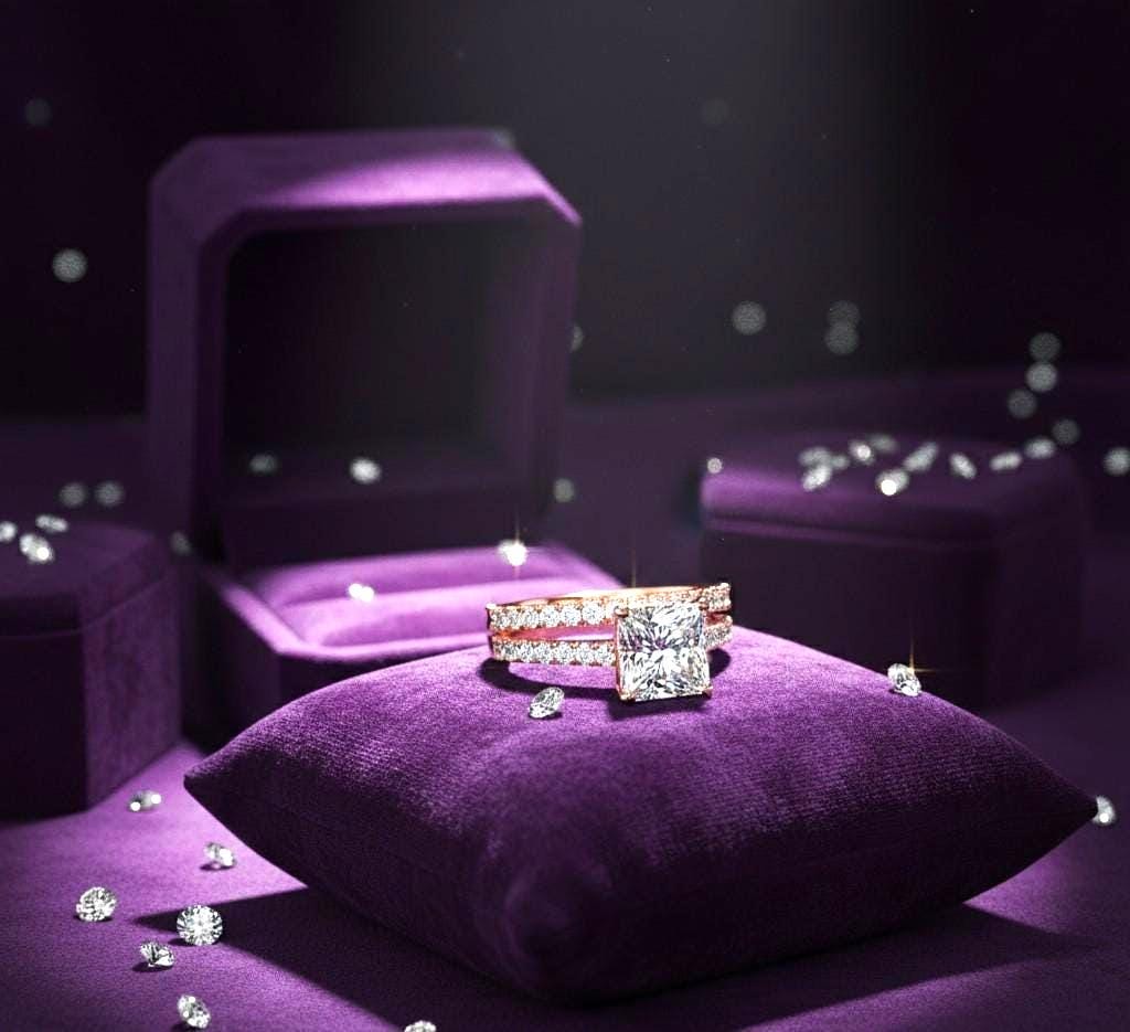 Riora princess cut moissanite diamond engagement ring set with halo and wedding band, elegant bridal jewelry for special occasions