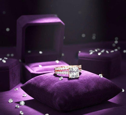 Riora princess cut moissanite diamond engagement ring set with halo and wedding band, elegant bridal jewelry for special occasions