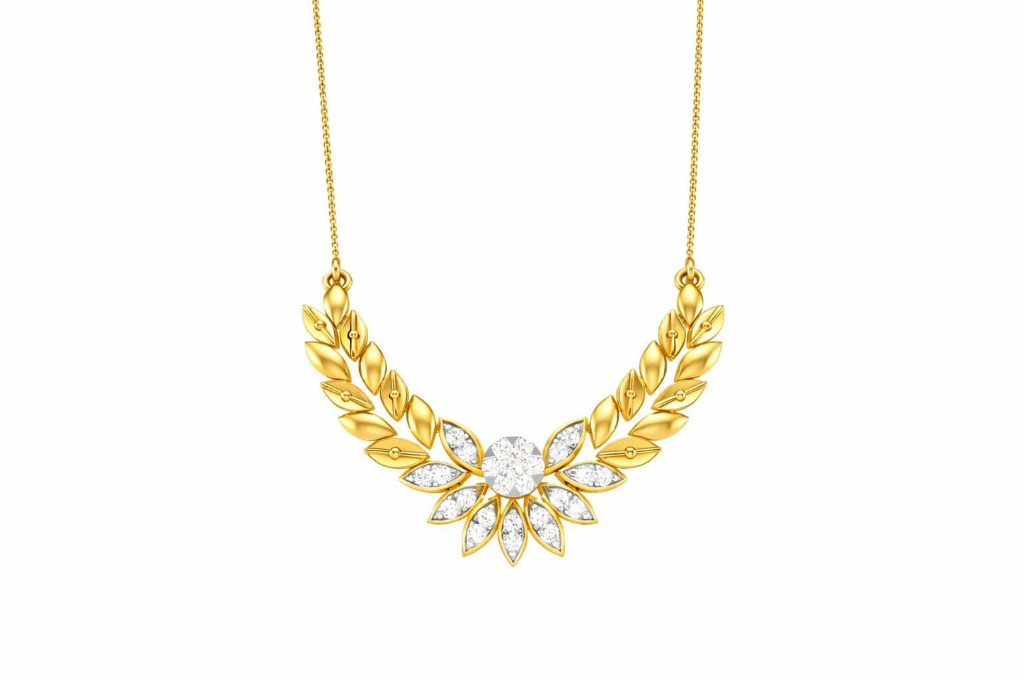 Riora Moissanite Laurel Leaf Necklace in gold and rose gold, minimalist bridal pendant with diamond-style sparkle.