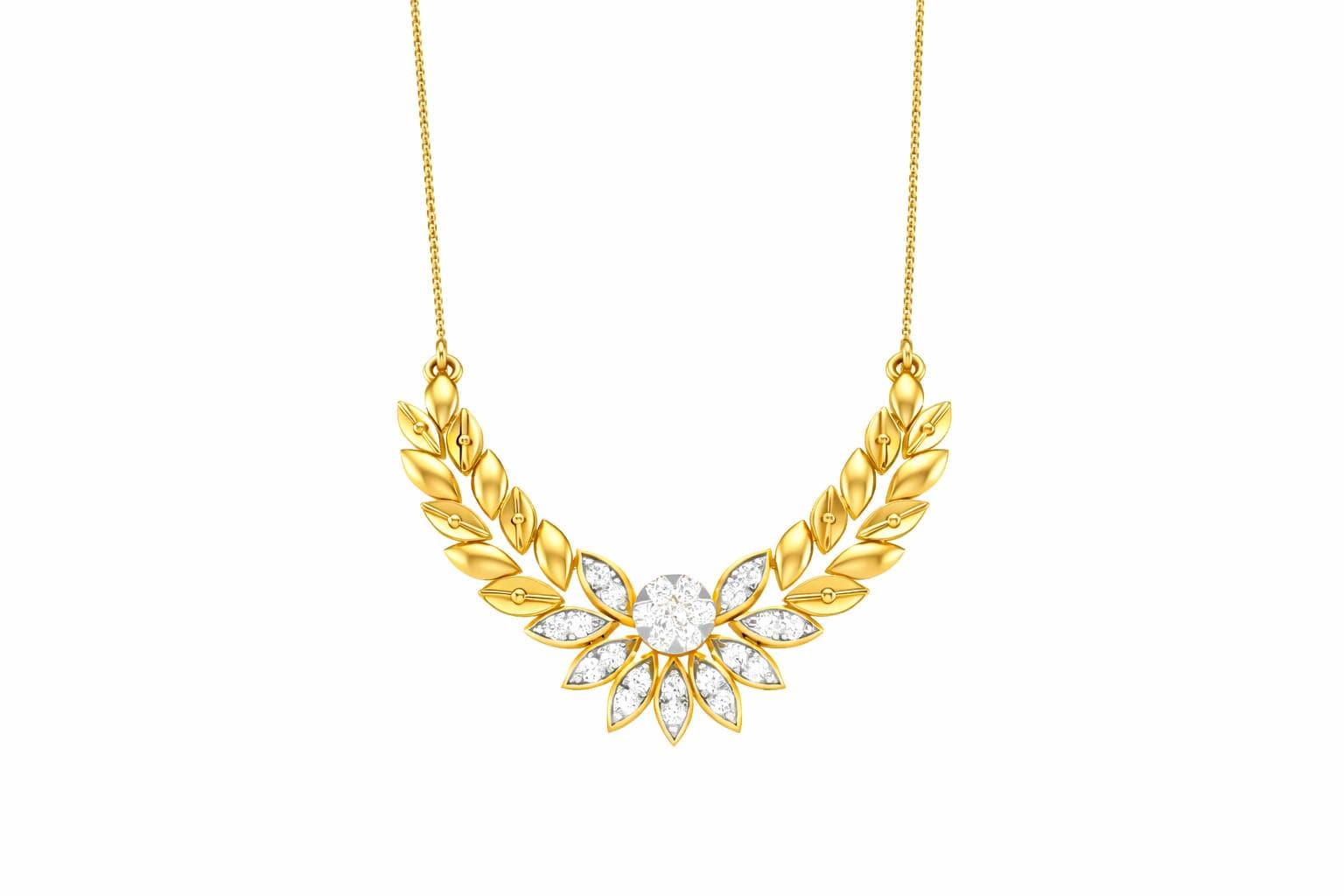 Riora Moissanite Laurel Leaf Necklace in gold and rose gold, minimalist bridal pendant with diamond-style sparkle.