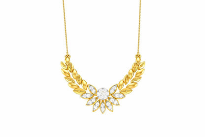 Riora Moissanite Laurel Leaf Necklace in gold and rose gold, minimalist bridal pendant with diamond-style sparkle.