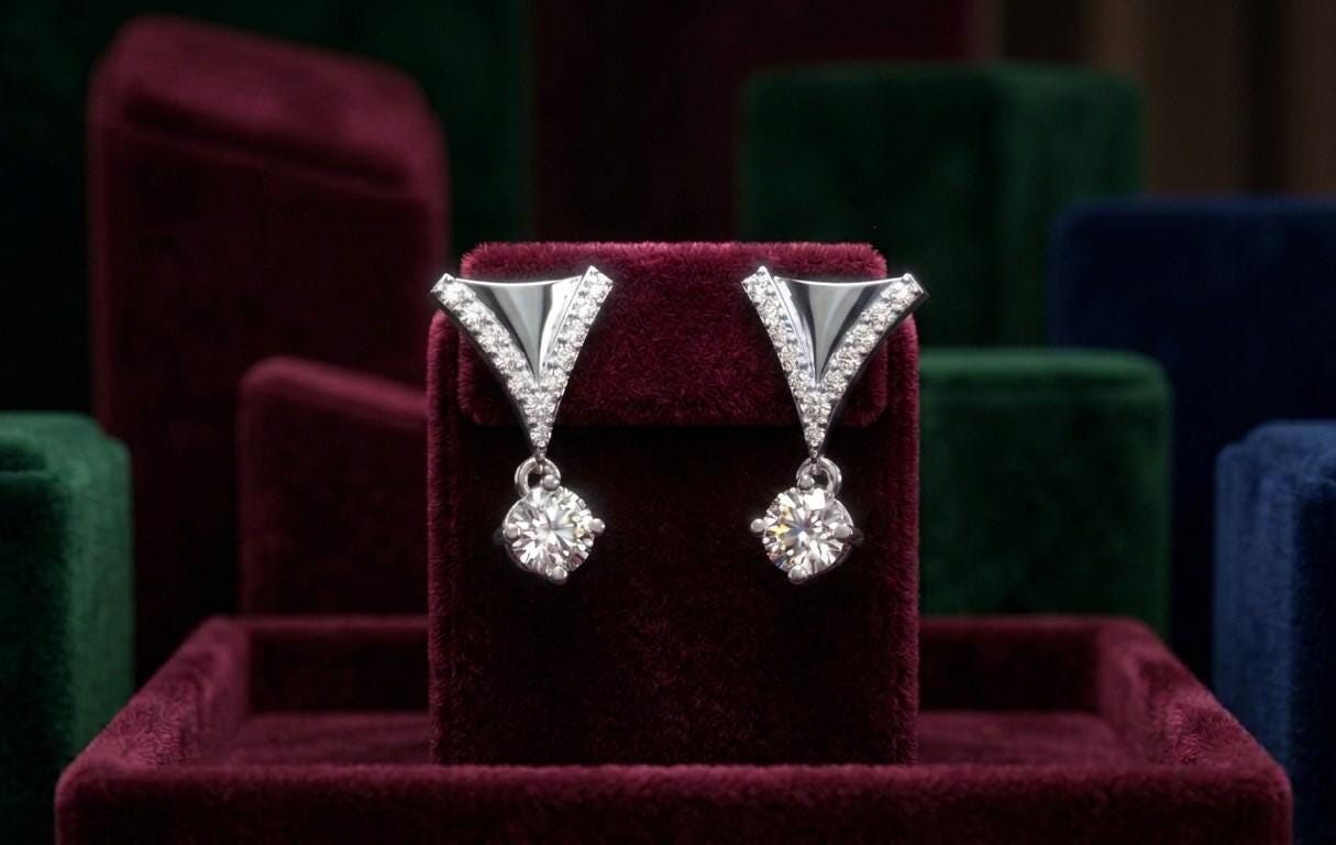 Riora Moissanite drop earrings in V shape with rose gold and silver finish, bridal dangle jewelry for weddings and special occasions