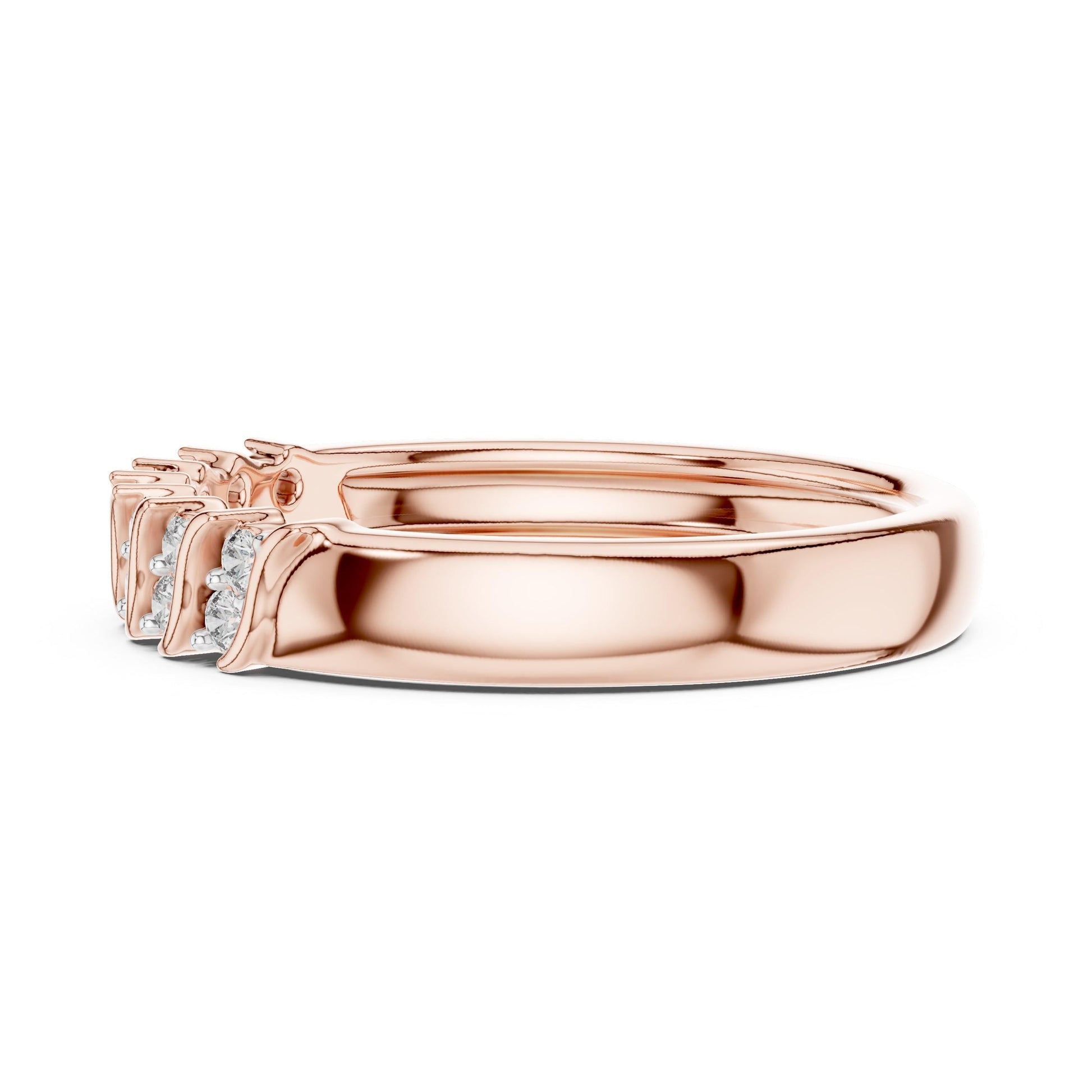 Riora moissanite curved diamond wedding band in rose gold and silver with half eternity design, perfect for anniversaries or wedding rings.