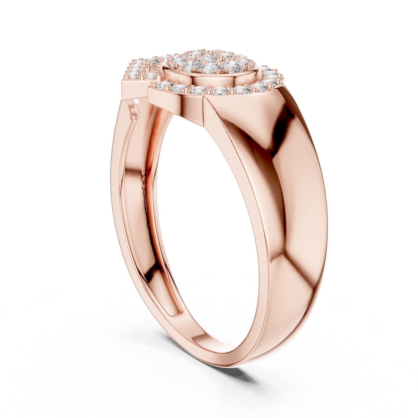 Rose gold luxury moissanite diamond statement ring with bold bridal band, engagement jewelry by Riora.