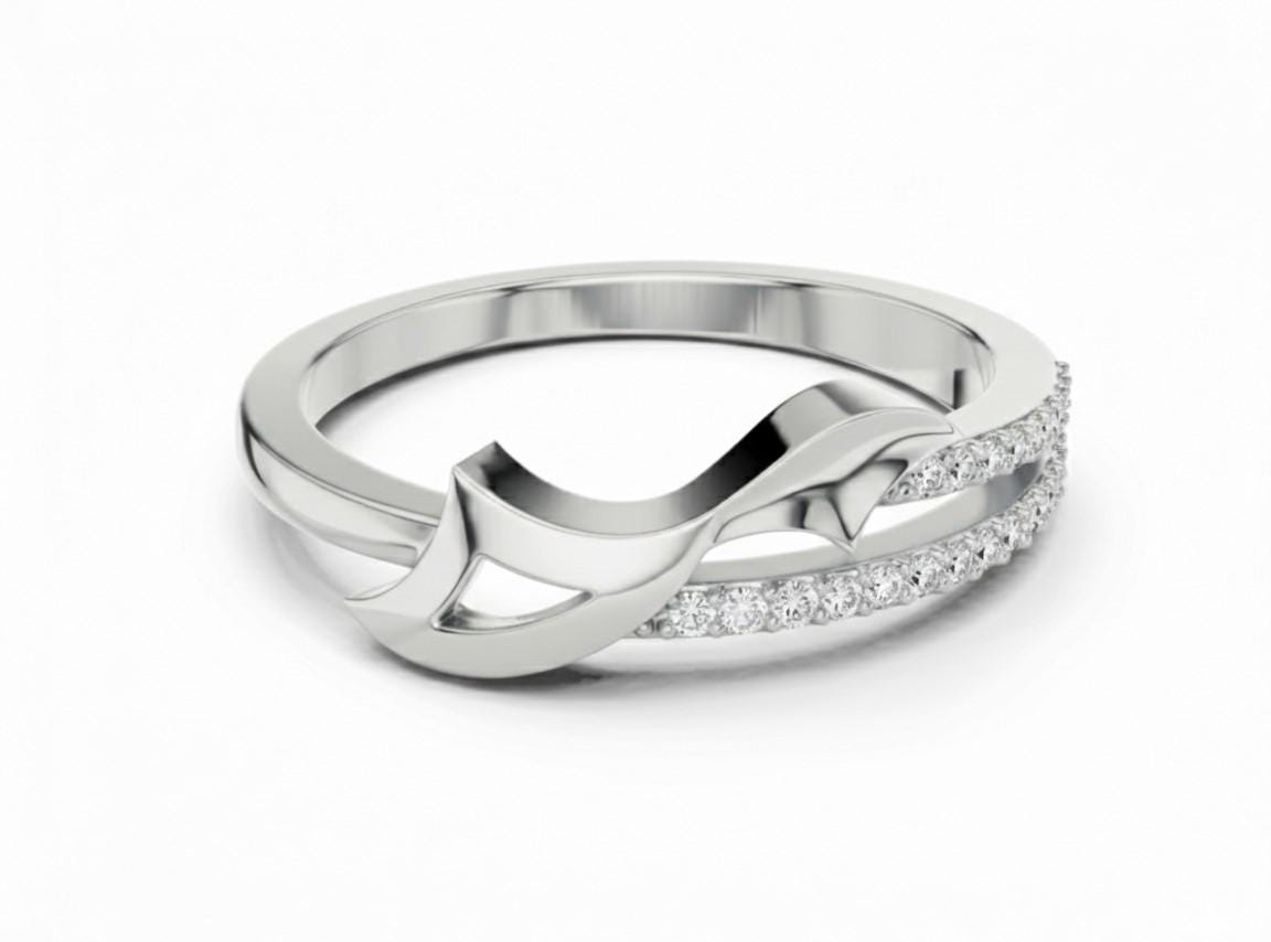 Riora gold rose infinity twist moissanite diamond ring, minimalist stackable wedding band with dainty design and elegant twist detail.