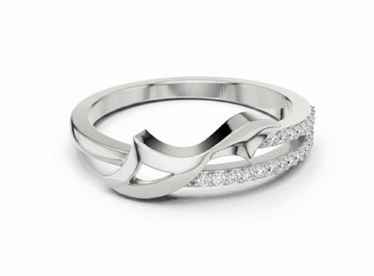 Riora gold rose infinity twist moissanite diamond ring, minimalist stackable wedding band with dainty design and elegant twist detail.