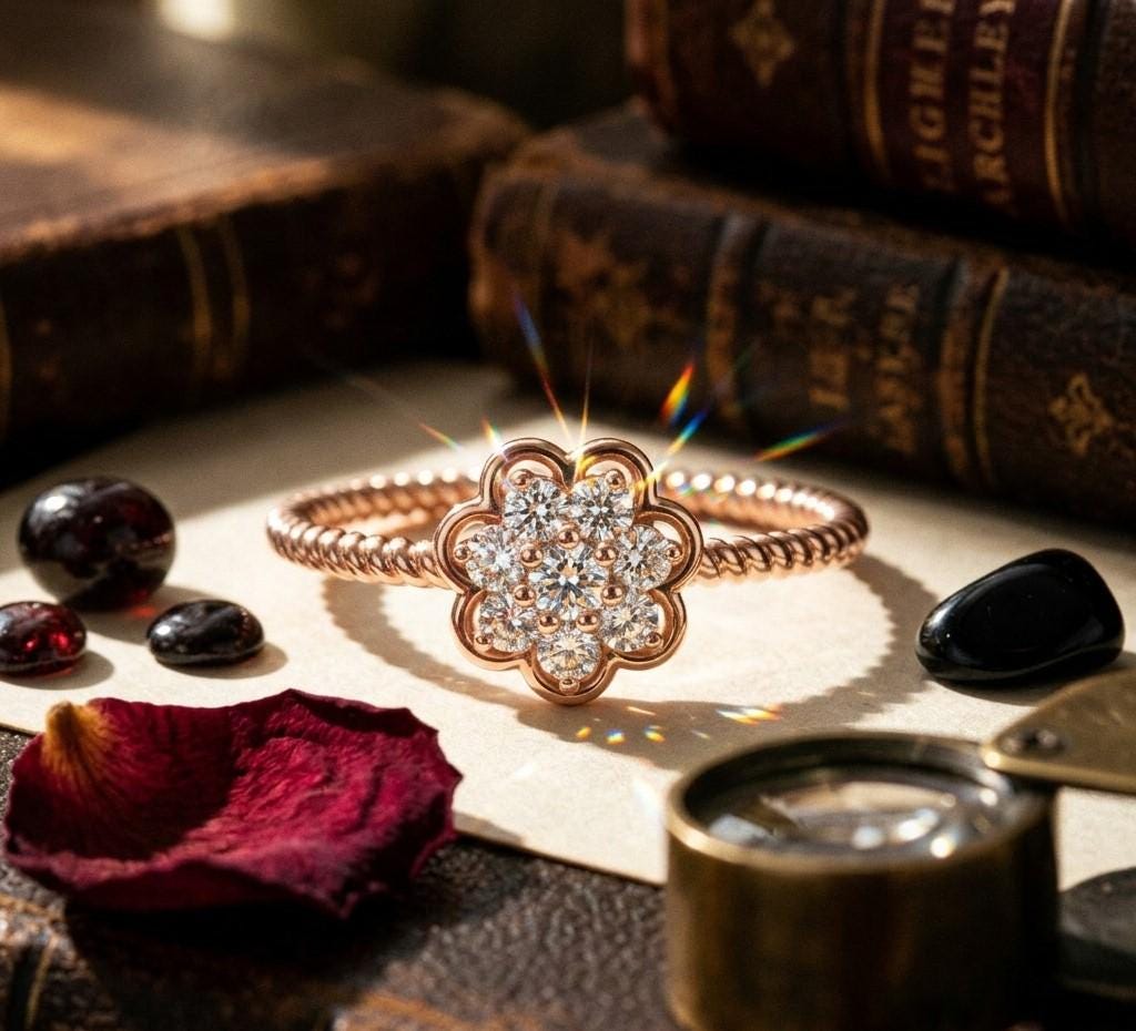 Riora floral halo moissanite diamond engagement ring in gold with vintage flower design, perfect for wedding or promise jewelry.
