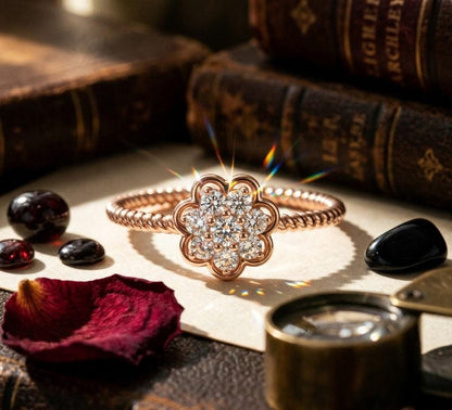 Riora floral halo moissanite diamond engagement ring in gold with vintage flower design, perfect for wedding or promise jewelry.
