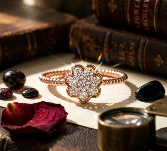 Riora floral halo moissanite diamond engagement ring in gold with vintage flower design, perfect for wedding or promise jewelry.
