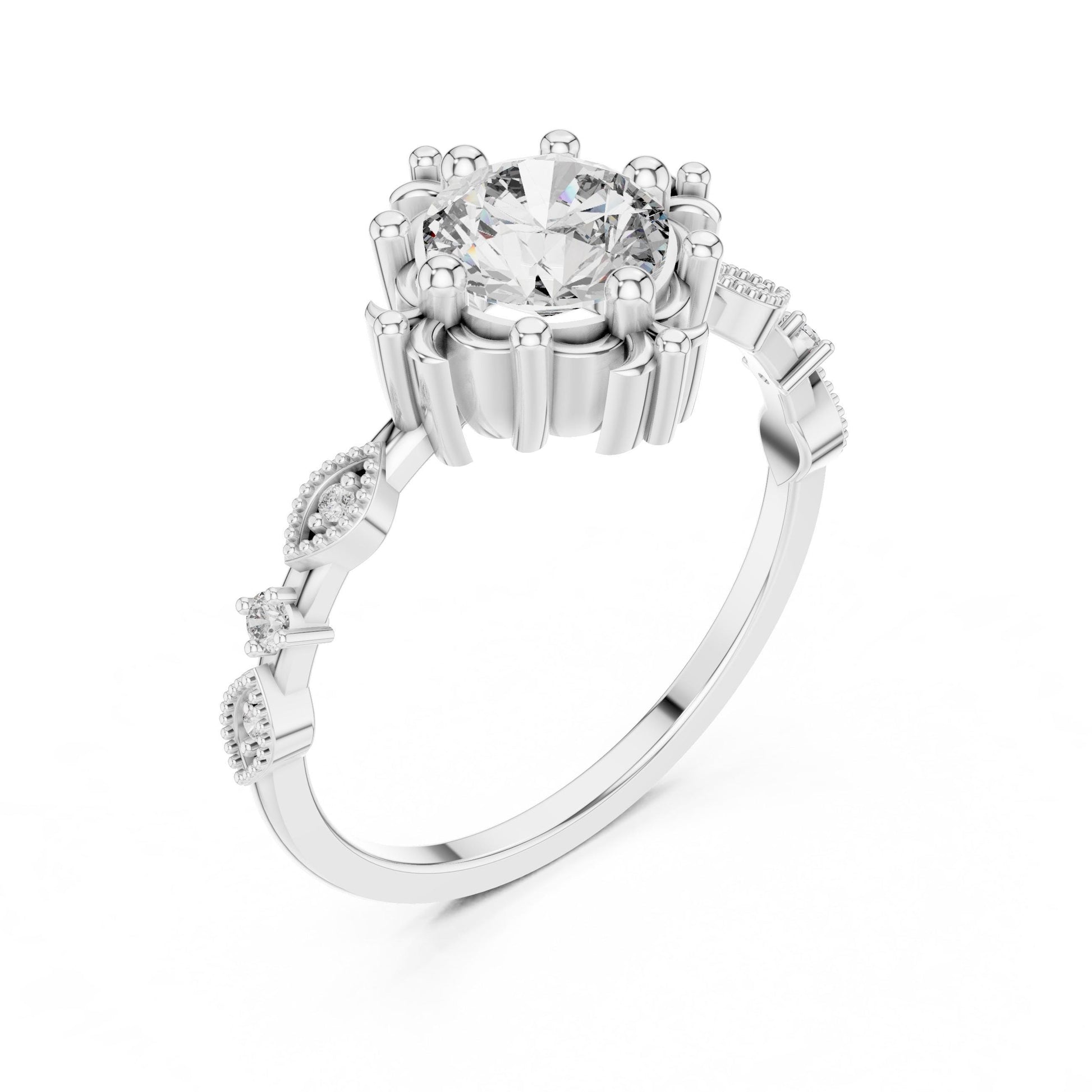Riora floral moissanite engagement ring with round cut stone, antique-inspired rose gold bridal ring, detailed floral design.