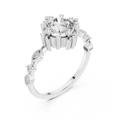 Riora floral moissanite engagement ring with round cut stone, antique-inspired rose gold bridal ring, detailed floral design.