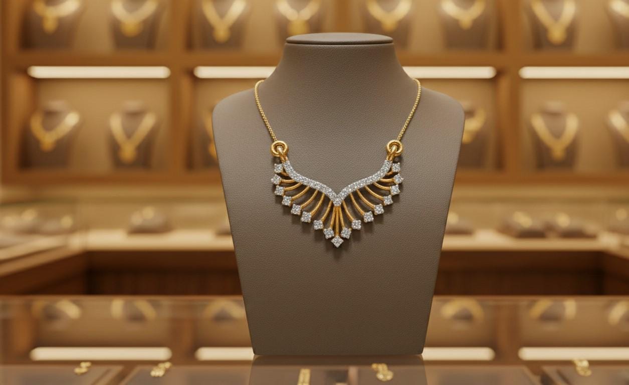 Gold necklace on a mannequin bust with a jewelry store background