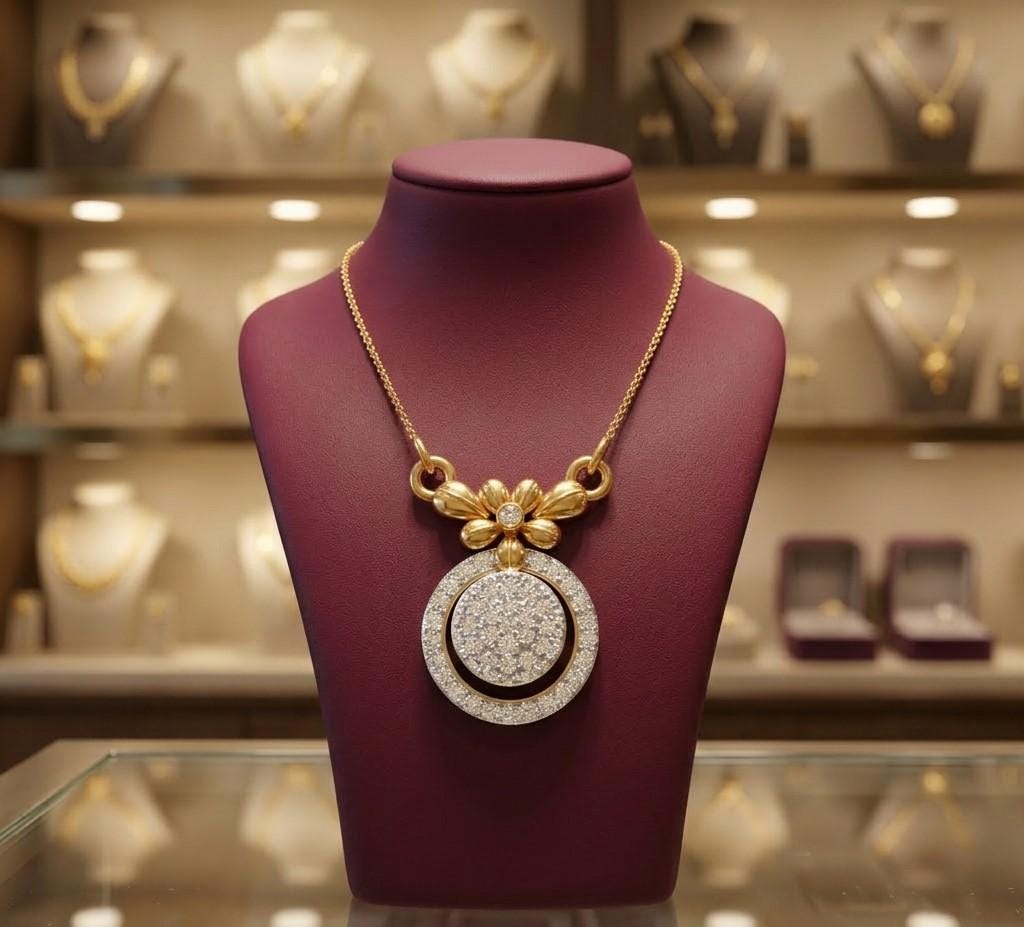 Riora moissanite floral halo pendant necklace in rose gold with an adjustable chain, elegant bridal statement jewelry.