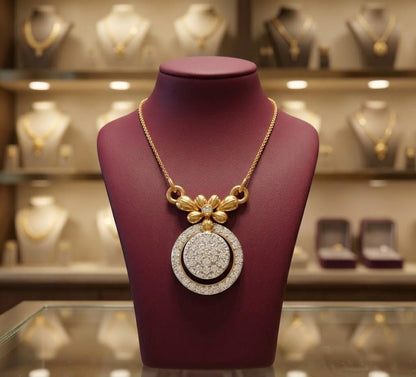 Riora moissanite floral halo pendant necklace in rose gold with an adjustable chain, elegant bridal statement jewelry.