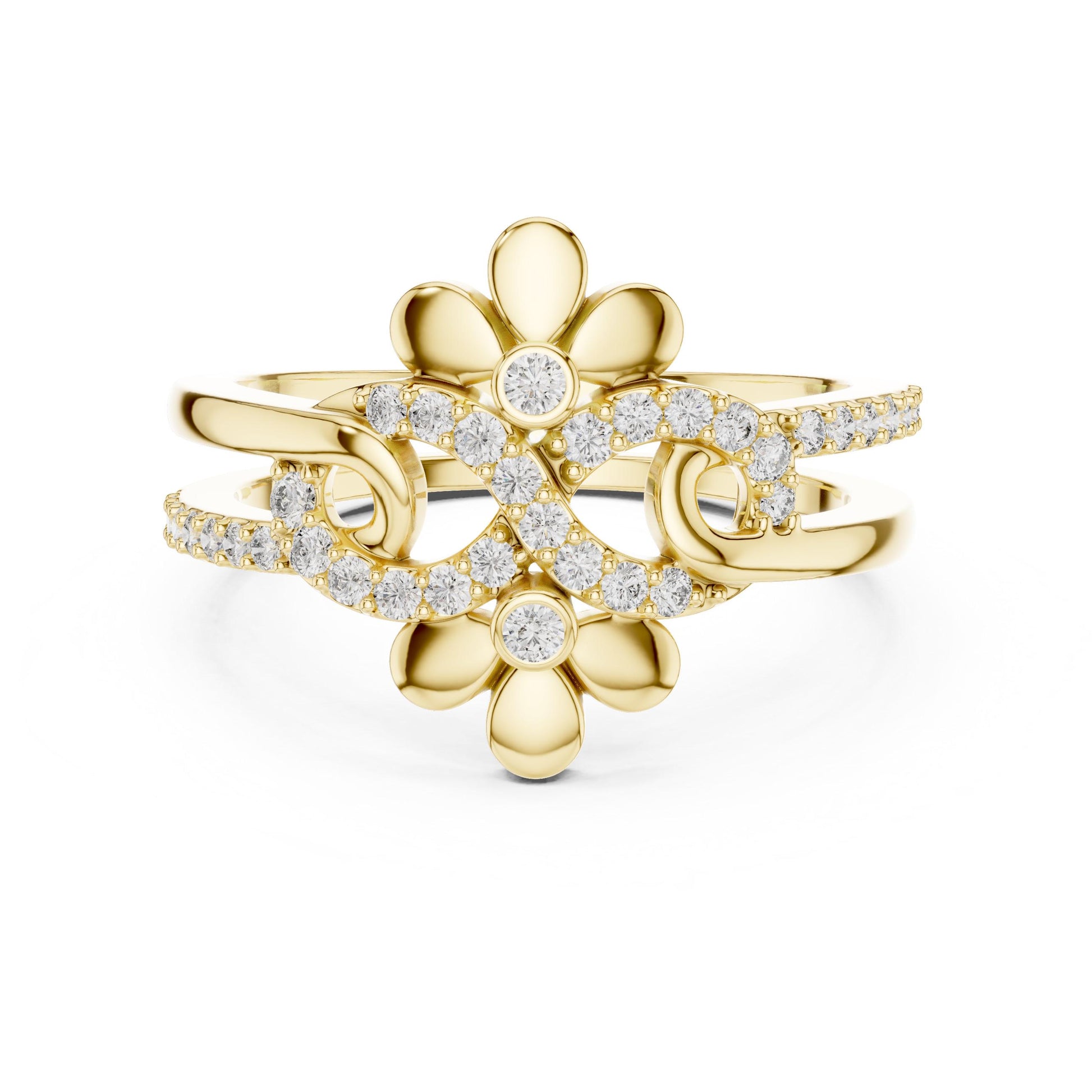 Riora luxury floral moissanite engagement ring with vintage design, nature-inspired floral details, and sparkling diamond accents