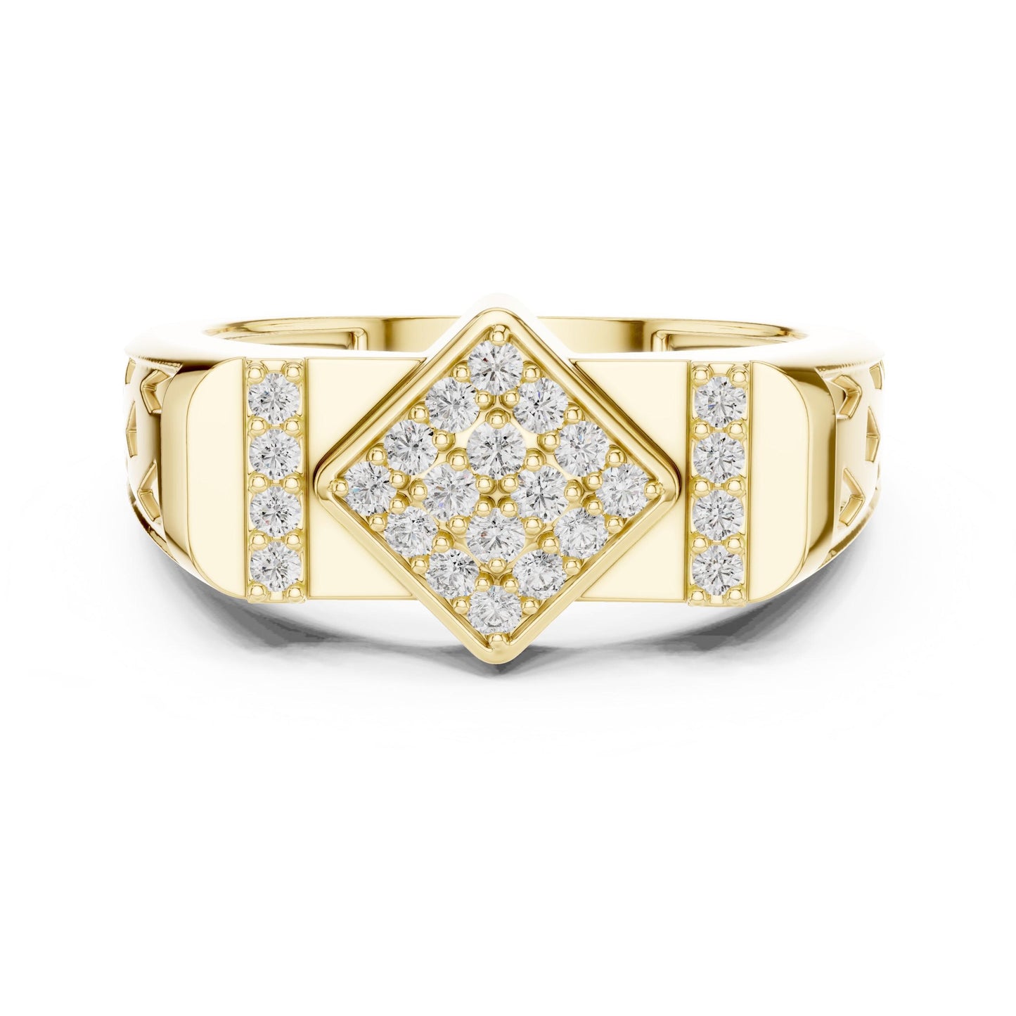 Elegant gold and rose moissanite diamond engagement ring with intricate band design, perfect for bridal jewelry and special occasions.
