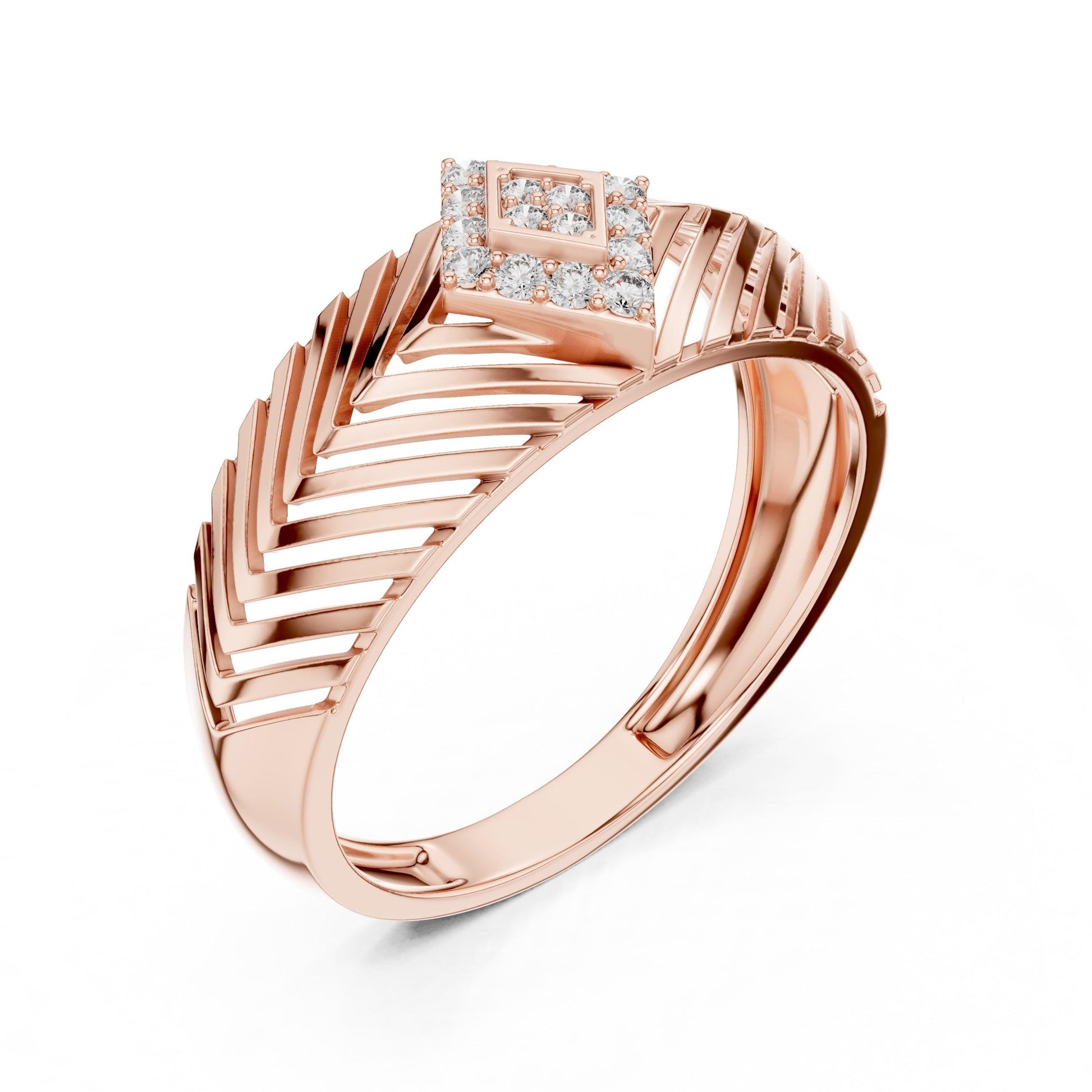 Riora geometric CZ chevron wide band ring in gold rose with hypoallergenic design, featuring a luxurious anniversary promise jewelry style.