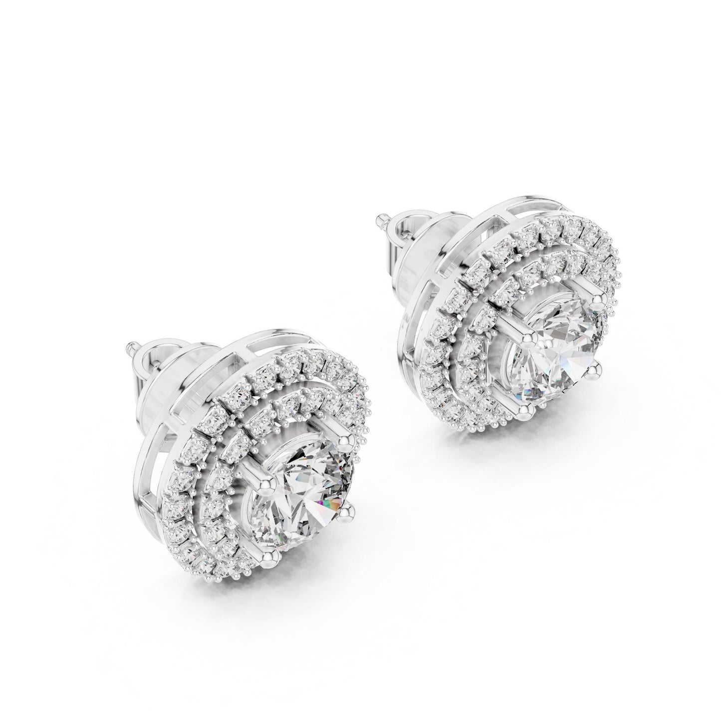 Riora luxury halo moissanite diamond stud earrings with round cut sparkling gemstones, perfect for bridal or wedding jewelry.