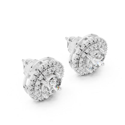 Riora luxury halo moissanite diamond stud earrings with round cut sparkling gemstones, perfect for bridal or wedding jewelry.