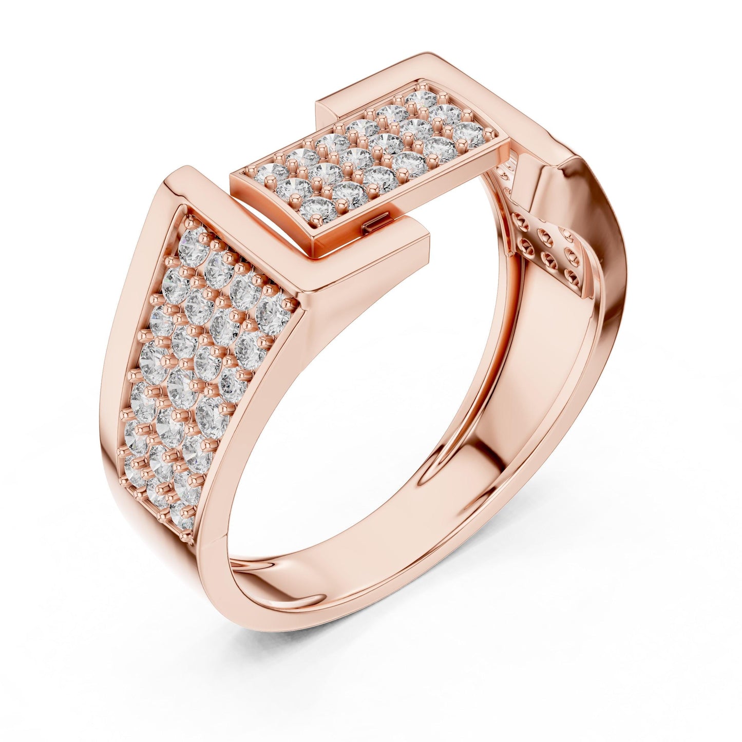 Gold rose geometric CZ wide band ring by Riora featuring modern design, perfect as a statement wedding or anniversary gift