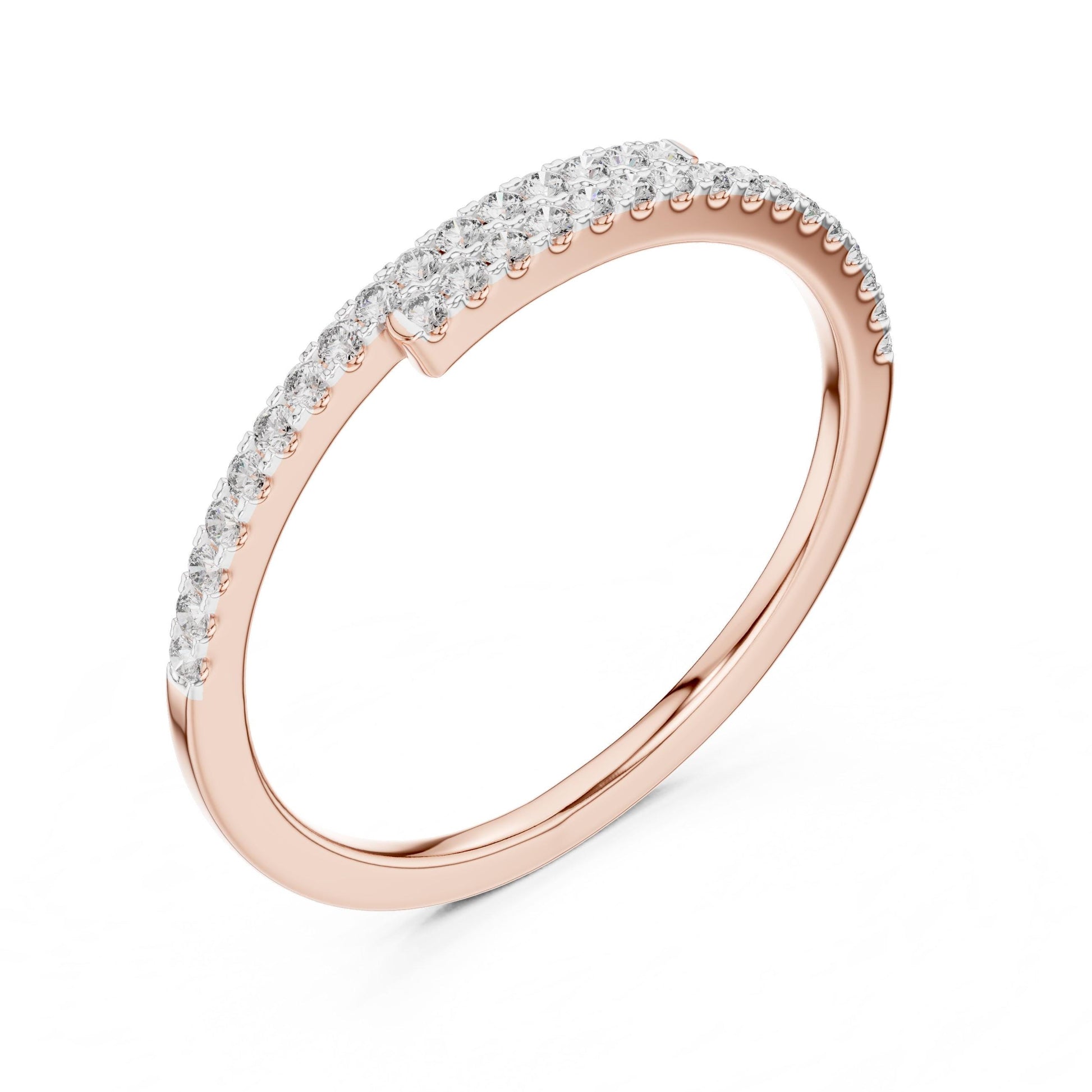 Rose gold moissanite curved wedding band with half eternity diamond style, minimalist design, perfect for stacking.