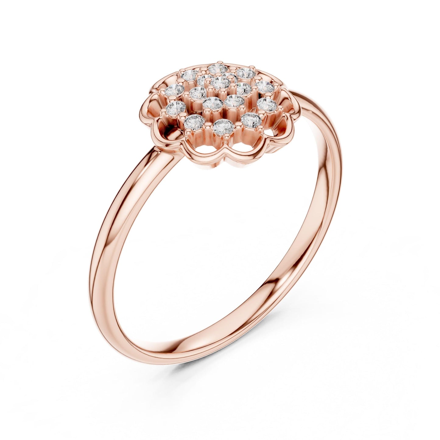 Riora floral halo moissanite diamond engagement ring in gold rose with vintage flower design and wedding jewelry style