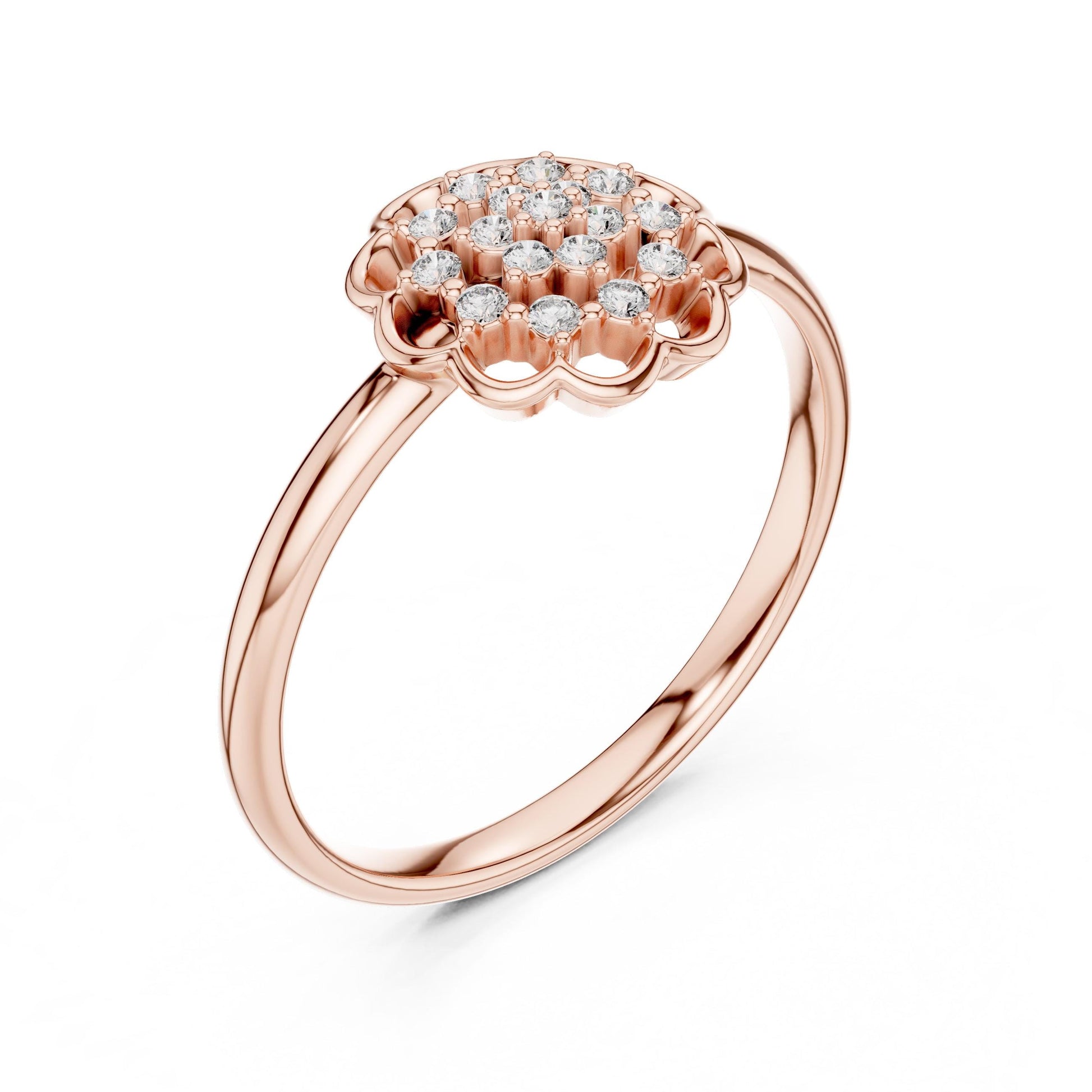 Riora floral halo moissanite diamond engagement ring in gold rose with vintage flower design and wedding jewelry style