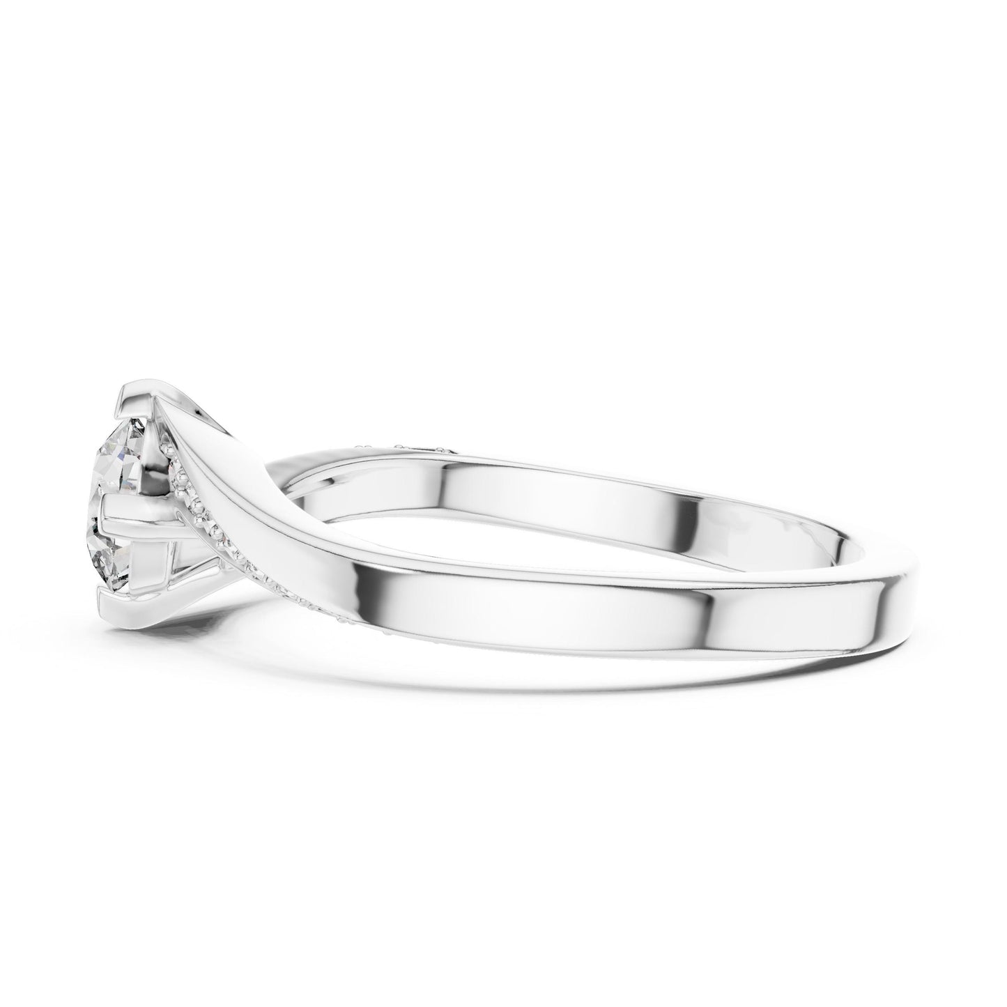 Riora twisted moissanite diamond engagement ring with round cut promise band, showcasing a unique wedding ring design for women.