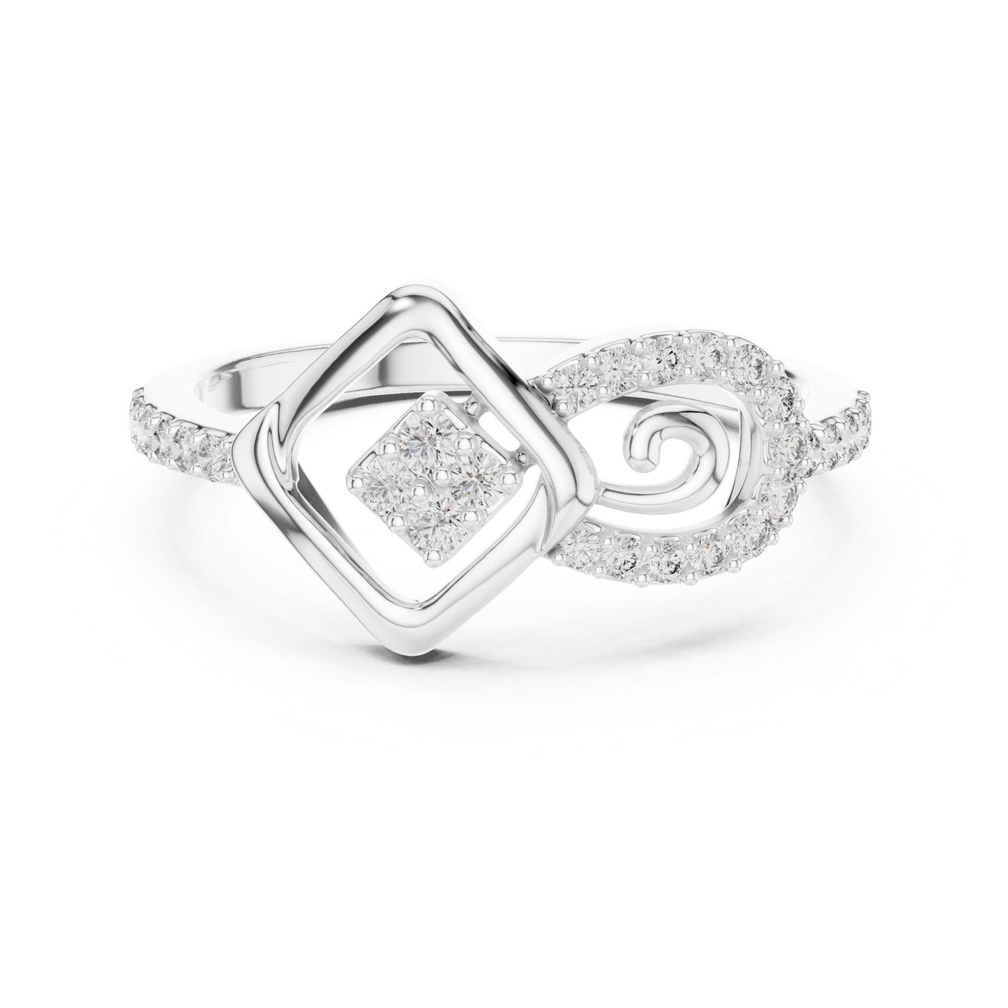 Rose gold geometric swirl moissanite diamond ring with minimalist design, modern engagement and promise jewelry by Riora.