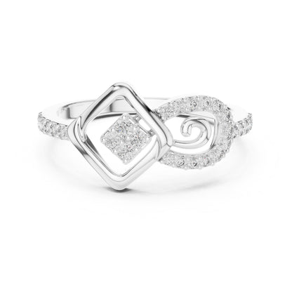 Rose gold geometric swirl moissanite diamond ring with minimalist design, modern engagement and promise jewelry by Riora.