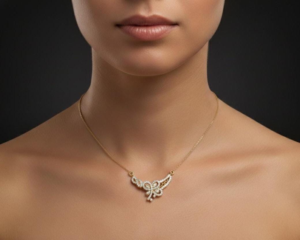 Rose gold butterfly pendant necklace with sparkling moissanite diamonds, elegant jewelry perfect for bridal or gift occasions.