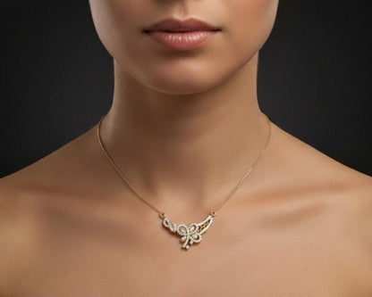 Rose gold butterfly pendant necklace with sparkling moissanite diamonds, elegant jewelry perfect for bridal or gift occasions.