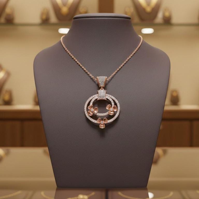 Circle Pendant Gold Rose Silver Jewelry, Floral Diamond Look Necklace, Valentine Gift for Her