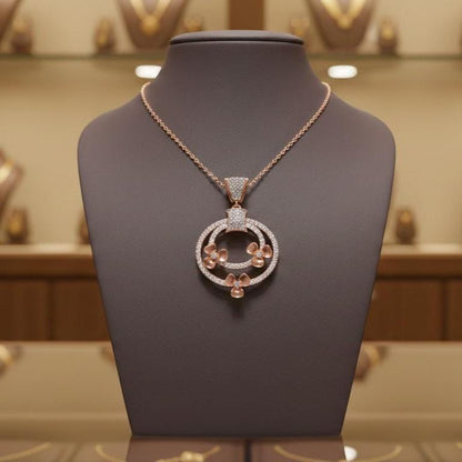 Circle Pendant Gold Rose Silver Jewelry, Floral Diamond Look Necklace, Valentine Gift for Her
