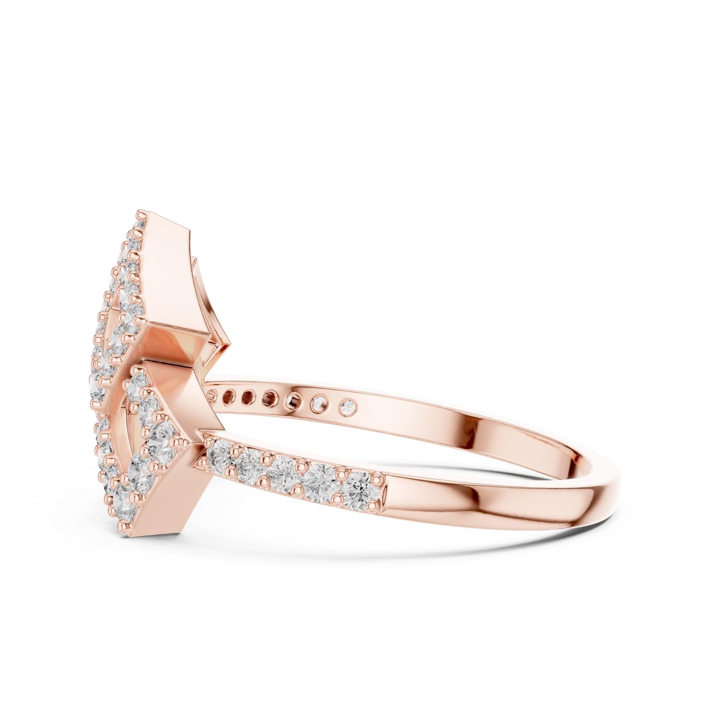 Riora gold geometric moissanite diamond statement ring with modern minimalist design, showcasing a dainty, luxurious cocktail jewelry piece.