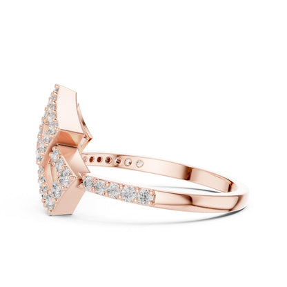 Riora gold geometric moissanite diamond statement ring with modern minimalist design, showcasing a dainty, luxurious cocktail jewelry piece.