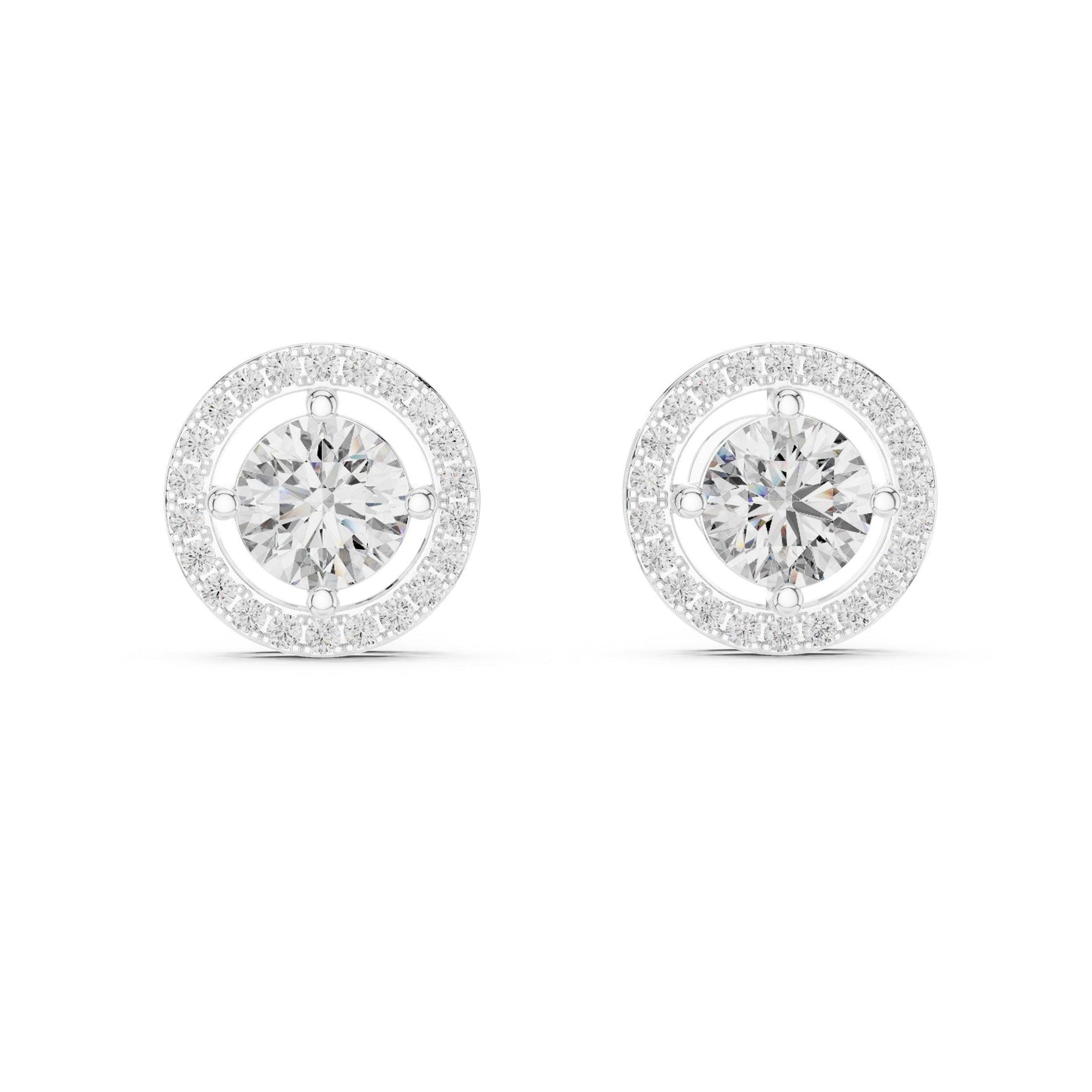 Riora 6.5mm Moissanite diamond halo stud earrings in gold and rose gold, perfect for bridal or wedding jewelry.