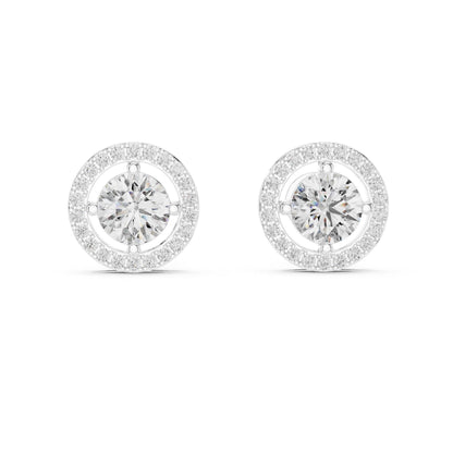 Riora 6.5mm Moissanite diamond halo stud earrings in gold and rose gold, perfect for bridal or wedding jewelry.