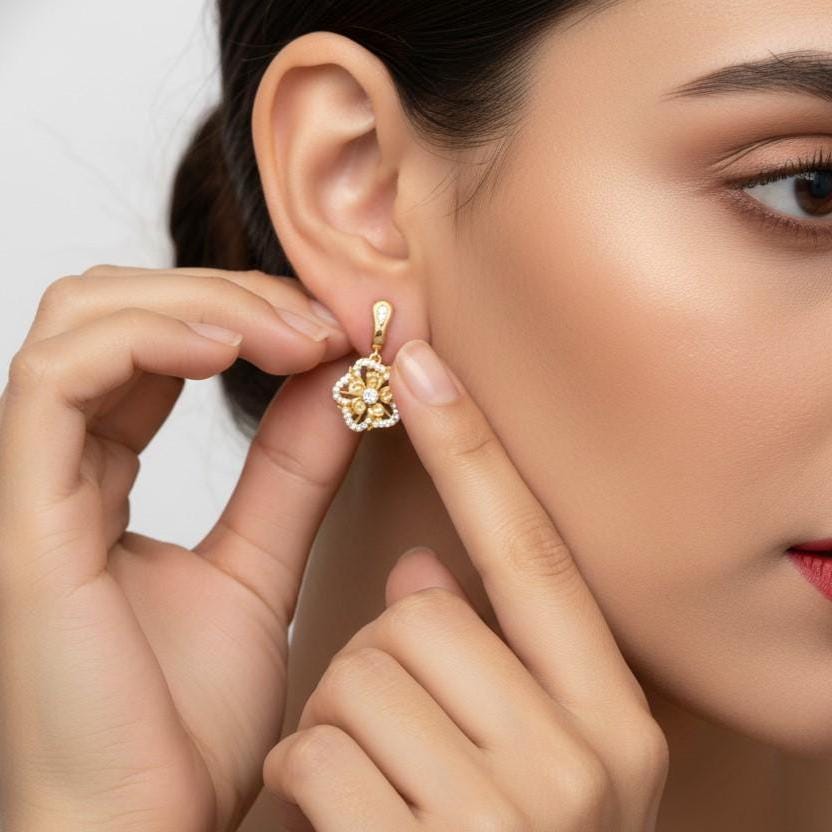 Moissanite Floral Drop Earrings for Women | Gold, Rose Gold & Silver | Bridal & Valentine Gift