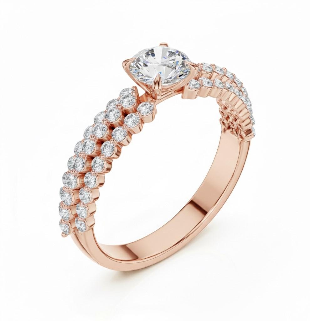 Cubic Zirconia Engagement Ring – Triple Pavé Band | Gold, Rose Gold & Silver