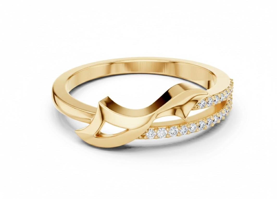 Riora gold rose infinity twist moissanite diamond ring with minimalist stackable design and dainty wedding band.