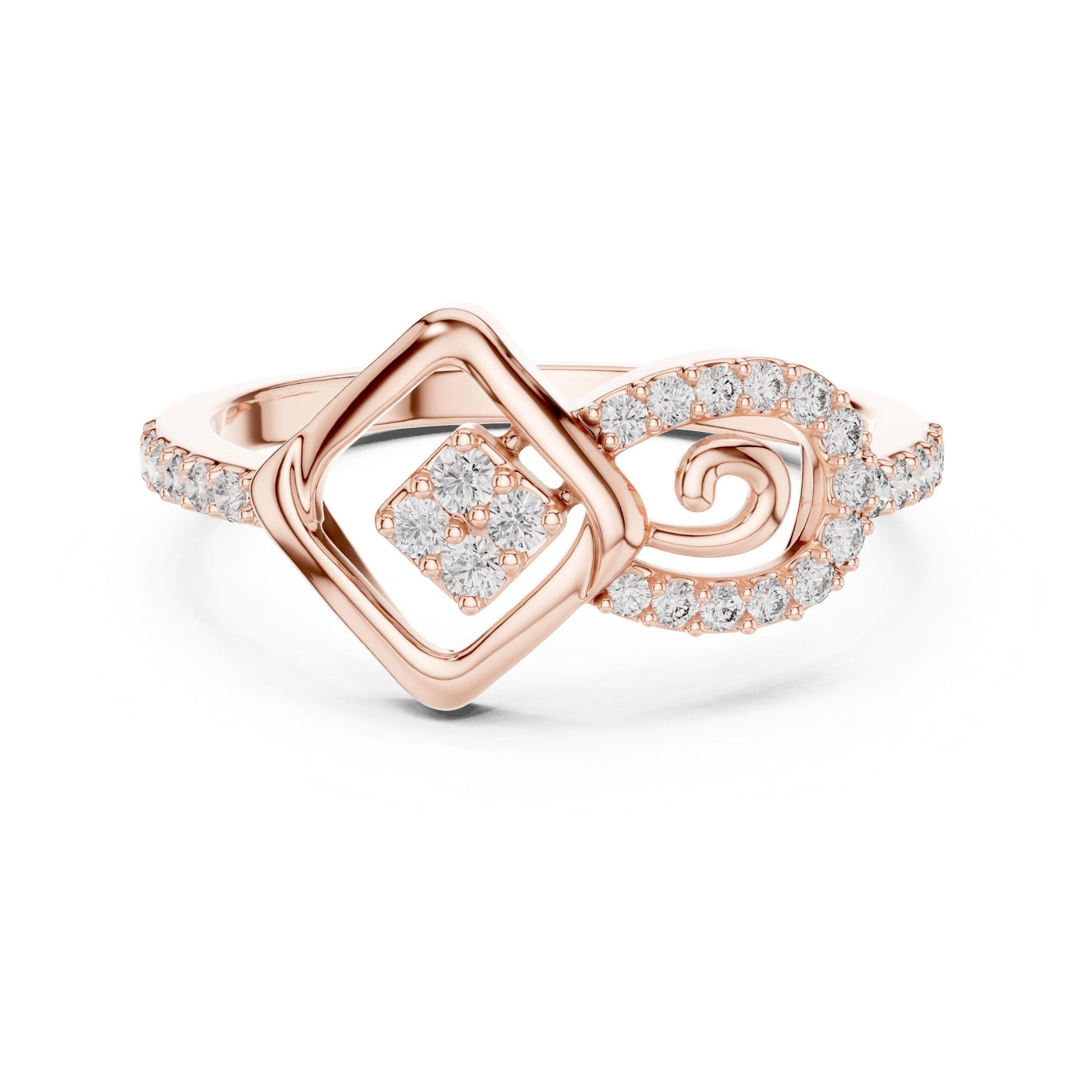 Rose gold geometric swirl moissanite diamond ring by Riora featuring a modern minimalist design for engagement or promise.