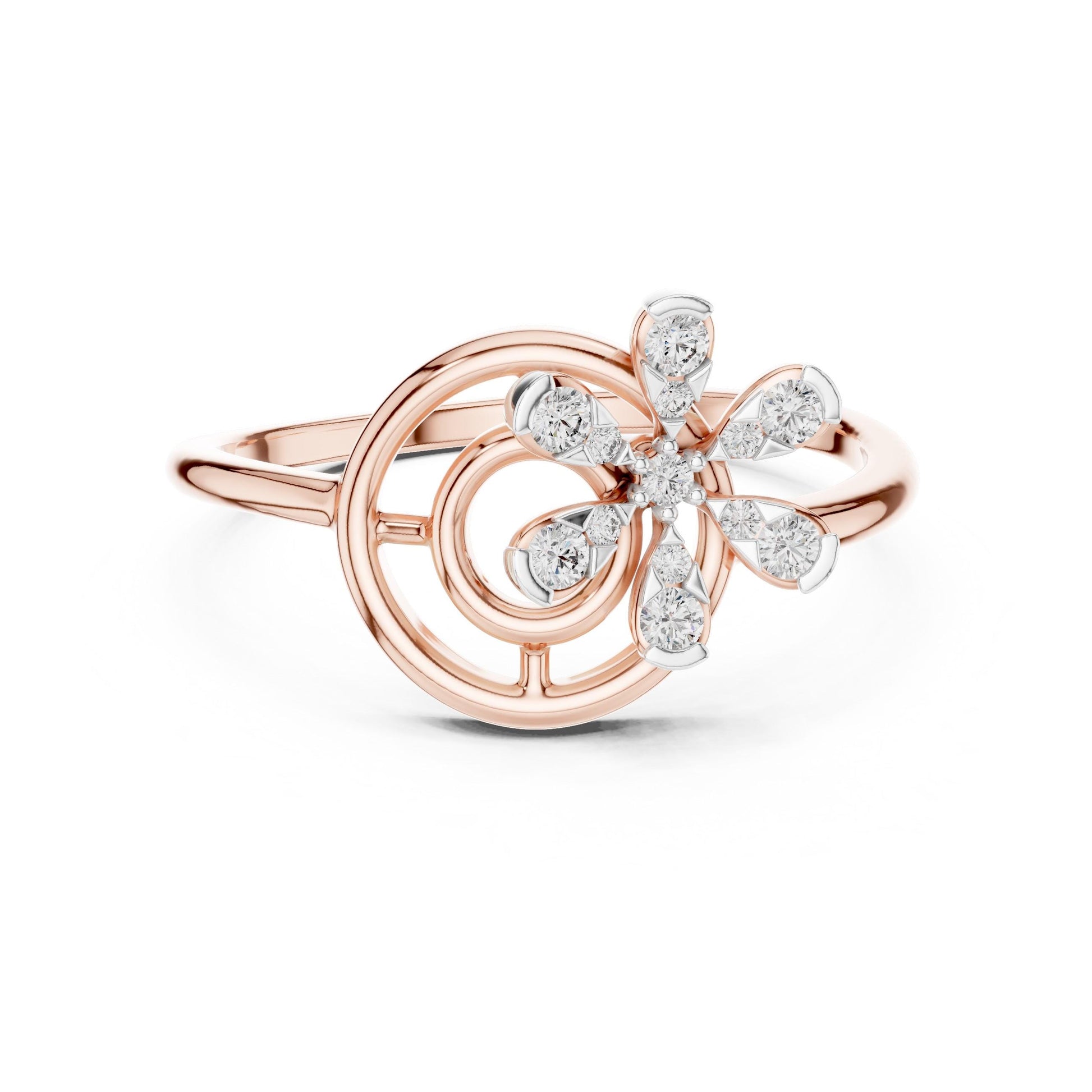 Rose gold vintage-inspired engagement ring with moissanite flower swirl design and floral diamond accents by Riora.