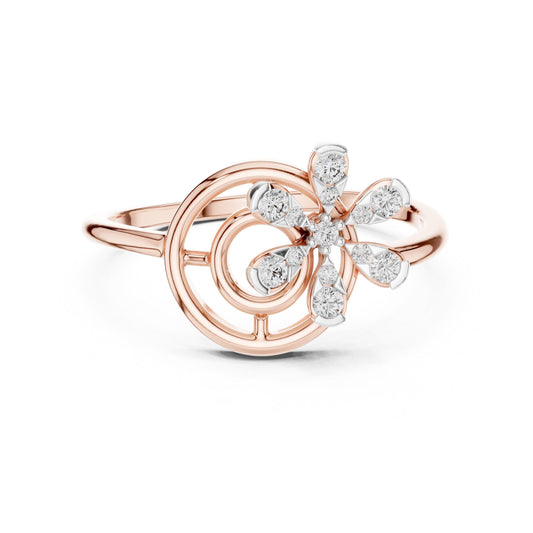 Rose gold vintage-inspired engagement ring with moissanite flower swirl design and floral diamond accents by Riora.